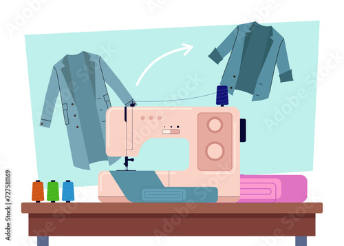 Sewing machine and colorful threads vector illustration. Old coat and new jacket on background. Remaking old clothes into new ones. Sewing, fashion concept