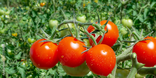 Juicy cherry tomatoes. A bunch of tomatoes. Red tomatoes. Tomatoes are harvested in the beds. Tomatoes harvested in greenhouses. Tomatoes grown in greenhouses.