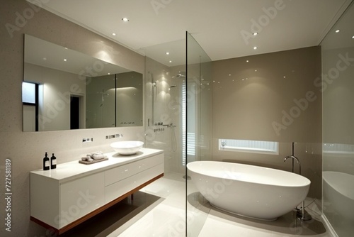 A modern bathroom with clean lines and a freestanding bathtub. The use of glass and reflective surfaces enhances the sense of space