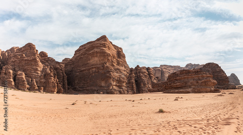 The indescribable magnificence of vast expanses of endless sandy red desert of the Wadi Rum near Amman in Jordan
