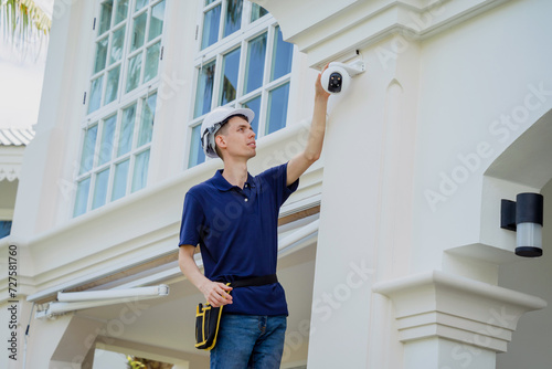 A technician installs a CCTV camera on the facade of a residential building. © romaset