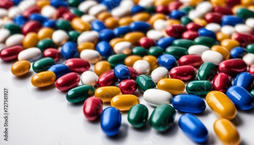 A pile of colorful pills on a white surface