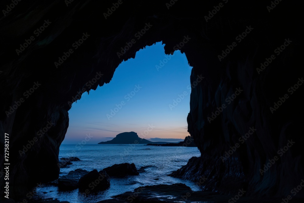 a mystery dark cave at ocean beach with rock in the evening time
