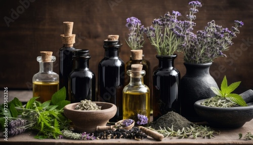 A variety of herbs and oils on a table