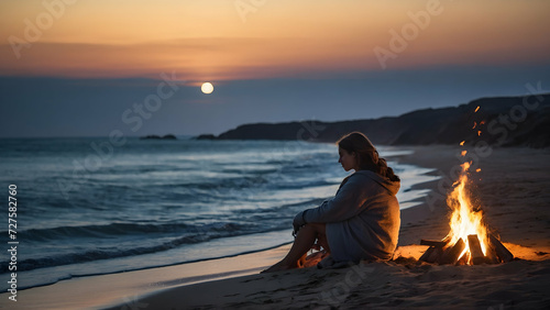 Lifestyle and People Theme , serene coastal scene with a bonfire on the beach, illuminated by the moonlight , full depth of fields