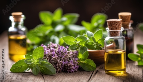 A wooden table with herbs and oils