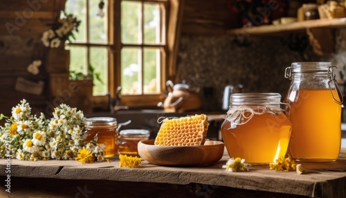 A table with honey, flowers and jars