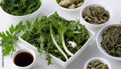 A variety of fresh vegetables and herbs in bowls
