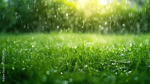 Bright green meadow with water drops, rain falling