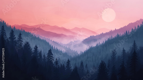 Illustration of a serene sunset shining over a pine forest and mountains in modern monochrome style