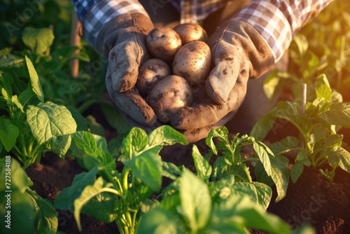 Freshly picked potatoes in the hands of a farmer