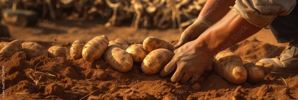 Freshly picked potatoes in the hands of a farmer