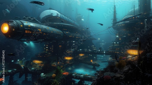 An underwater city with bioluminescent coral, schools of colorful fish, and ancient ruins, all illuminated by the eerie glow of an underwater volcano. Resplendent.