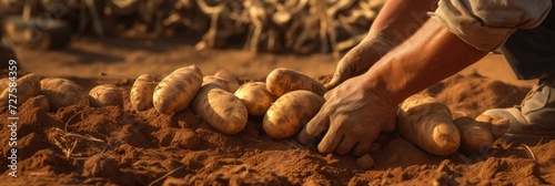 Freshly picked potatoes in the hands of a farmer