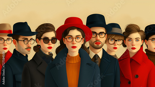 Eccentric and Quirky people posing in winter attire - vintage style illustration - stylish fashion - sunglasses - quirky charm - vintage cool
