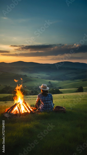 Illustrate a peaceful countryside setting with a bonfire in the midst of rolling hills and meadows