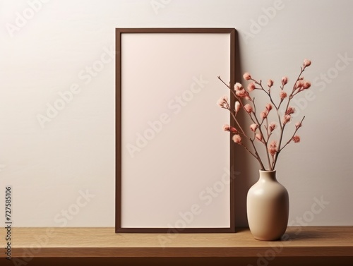 Mock up brown wooden frame in minimalist home decoration with blossom vase. Template blank brown wooden picture frame. 