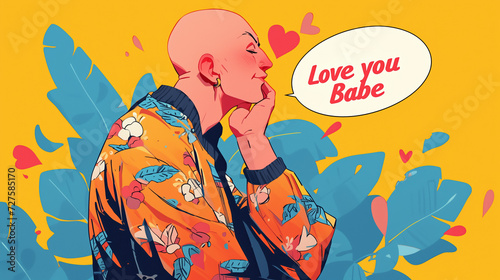 Bald  Love you Babe  bald guy  Anime  Valentine s Day  bald guy says love  love bald guy  love bald lady  Chemotherapy  Cancer  bald love  Speech bubble anime