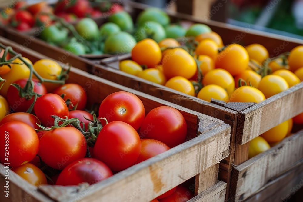 Many ripe red tomatoes in wooden crate on grey table.