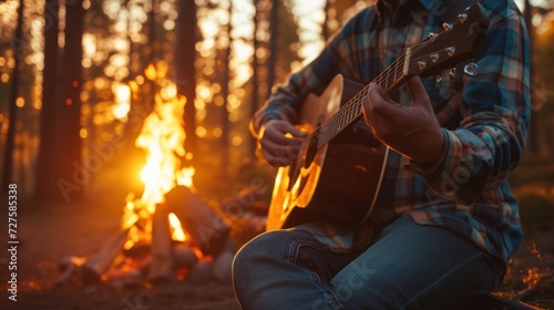 Coffee. Man in plaid shirt playing guitar in camp near forest with sunset background. Bonfire.