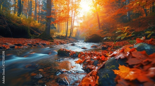Colorful autumn scenery, streams and sunshine.