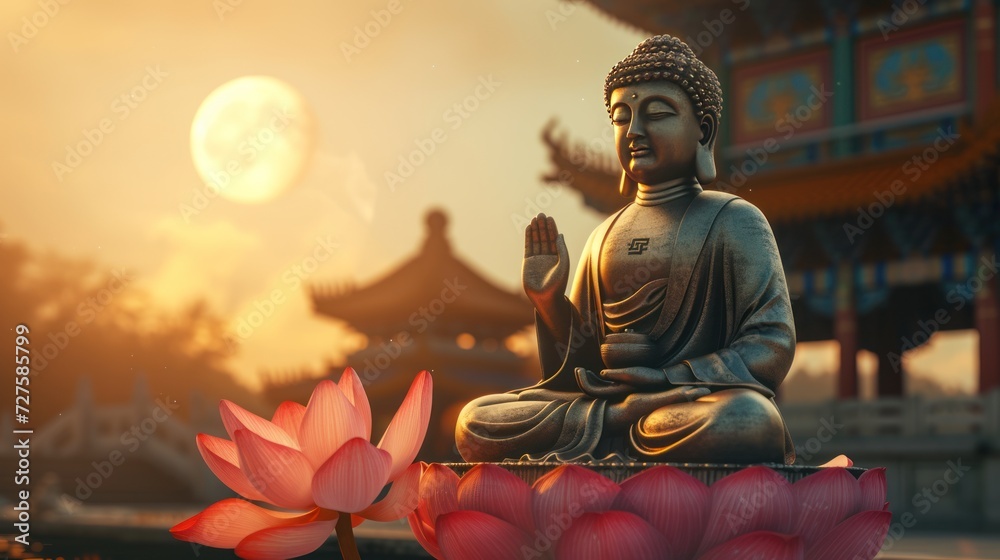 Meditating Buddha statue with lotus in sunlight. Old temple and moon background.