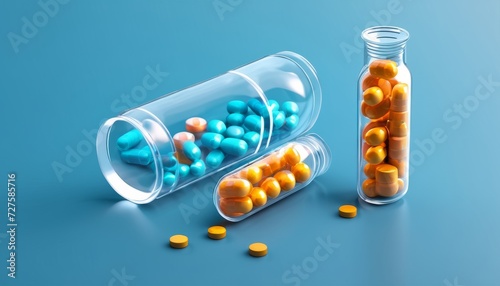 A bottle of pills with a blue cap and a clear bottle of orange pills
