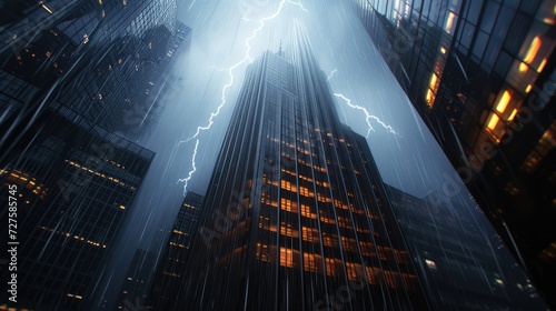 Lightning strikes the top of a tall building in the city, creating a beautiful glow.