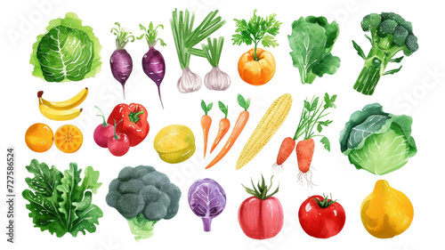 Watercolor painted hand-drawn collection vegetables and fruits. design elements: greenery, leaves, corn, wheat, tomato, potato, leaves, stalks, Broccoli, carrot, pepper, garlic transparent background