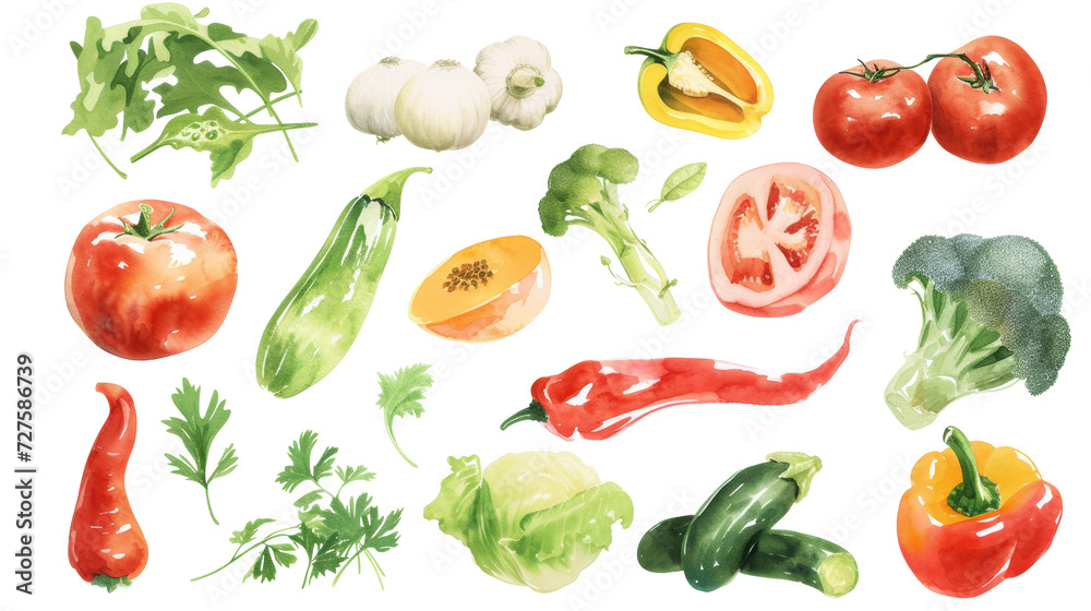 Watercolor painted hand-drawn collection vegetables and fruits. design elements: greenery, leaves, corn, wheat, tomato, potato, leaves, stalks, Broccoli, carrot, pepper, garlic transparent background