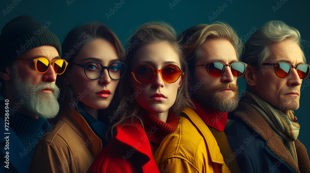Eccentric and Quirky people posing in winter attire - stylish fashion - sunglasses - quirky charm - vintage cool