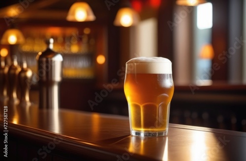 A glass of light beer on the bar, dimmed lights, beer with foam, bar stools