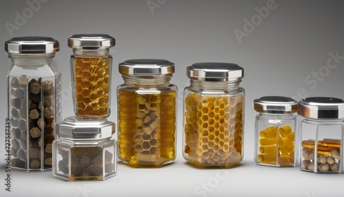 Various jars of honey on a table