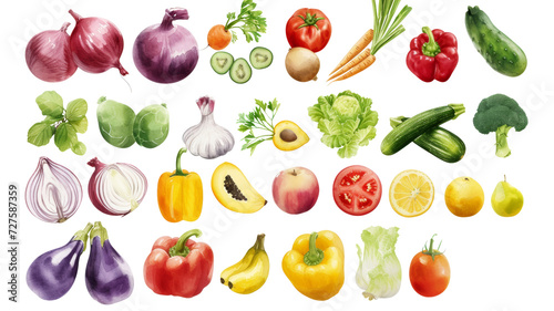 Watercolor painted hand-drawn collection vegetables and fruits. design elements  greenery  leaves  corn  wheat  tomato  potato  leaves  stalks  Broccoli  carrot  pepper  garlic transparent background