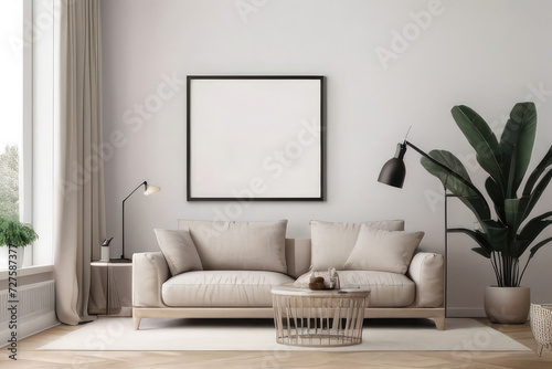 Relaxing Chair Gallery Wrapped Canvas: Blank Picture Frame Mockup in Modern Living Room Interior. 