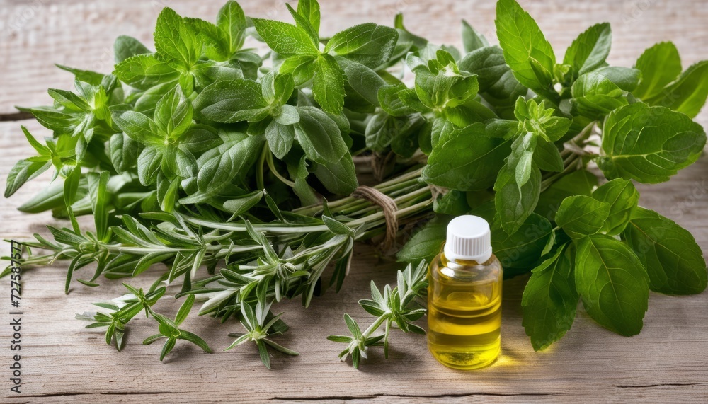 A bottle of oil with fresh herbs on a wooden table A bottle of oil with fresh herbs on a wooden table
