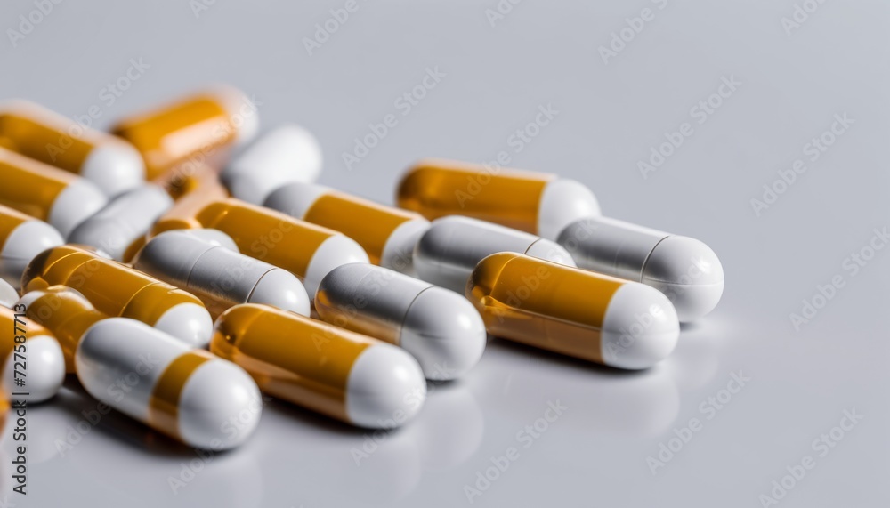A bunch of orange and white pills on a white background A bunch of orange and white pills on a white background