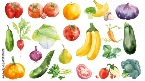 Watercolor painted hand-drawn collection vegetables and fruits. design elements: greenery, leaves, corn, wheat, tomato, potato, leaves, stalks, Broccoli, carrot, pepper, garlic transparent background