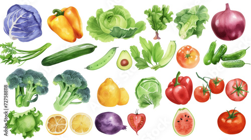 Watercolor painted hand-drawn collection vegetables and fruits. design elements: greenery, leaves, corn, wheat, tomato, potato, leaves, stalks, Broccoli, carrot, pepper, garlic transparent background