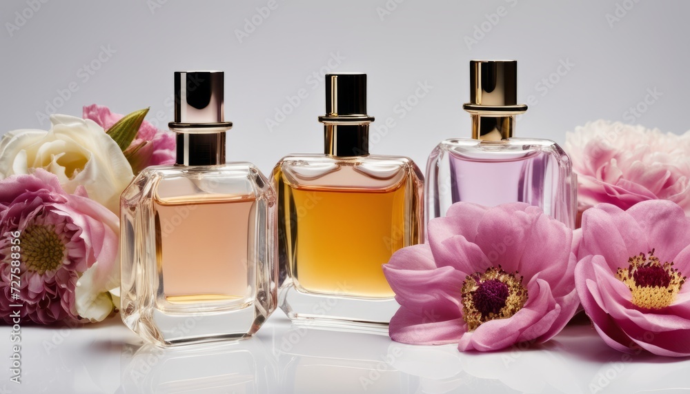 Three perfume bottles with flowers in the background Three perfume bottles with flowers in the background