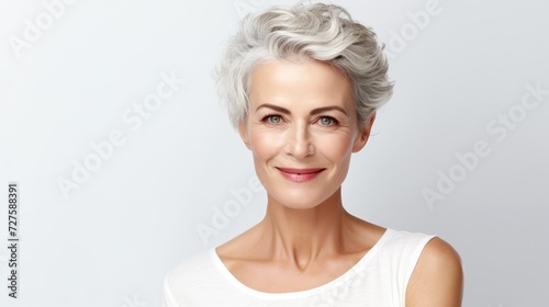 Beautiful gorgeous 50s mid aged mature woman looking at camera on white. Mature old lady close up portrait. Healthy face skin care beauty, middle age skincare cosmetics, cosmetology concept