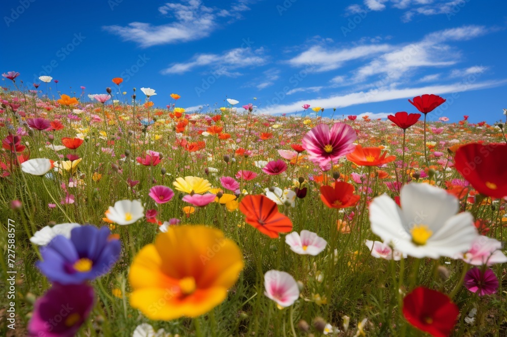 : Fields of colorful wildflowers extending to the horizon under a clear blue sky.