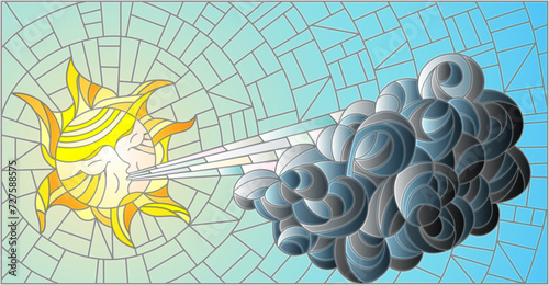 Stained glass illustration with fairy sun blowing a cloud against the  sky