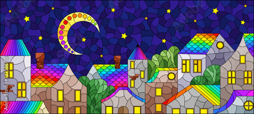 An illustration in the style of a stained glass window with an urban landscape against the background of the night starry sky and the moon