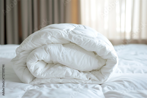 winter season  White folded duvet lying on white bed background.