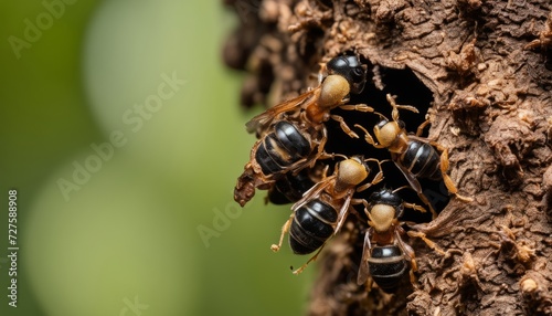A group of bees are in a tree