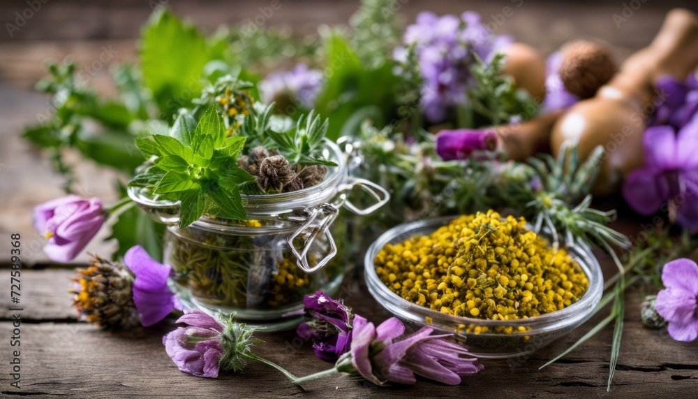 A variety of herbs and spices are displayed on a wooden table A variety of herbs and spices are displayed on a wooden table