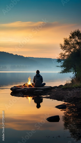 the tranquility of a lakeside scene with a bonfire's reflection shimmering on the water