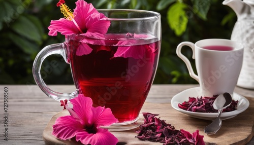 A glass of pink liquid with a flower in it