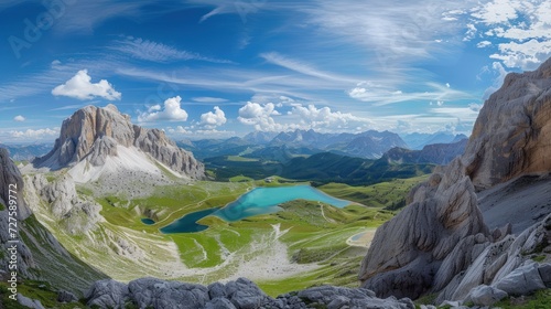 panoramic panorama Hochgebirgsketten der Dolomiten and Strahlend blauem Himmel have rivers.